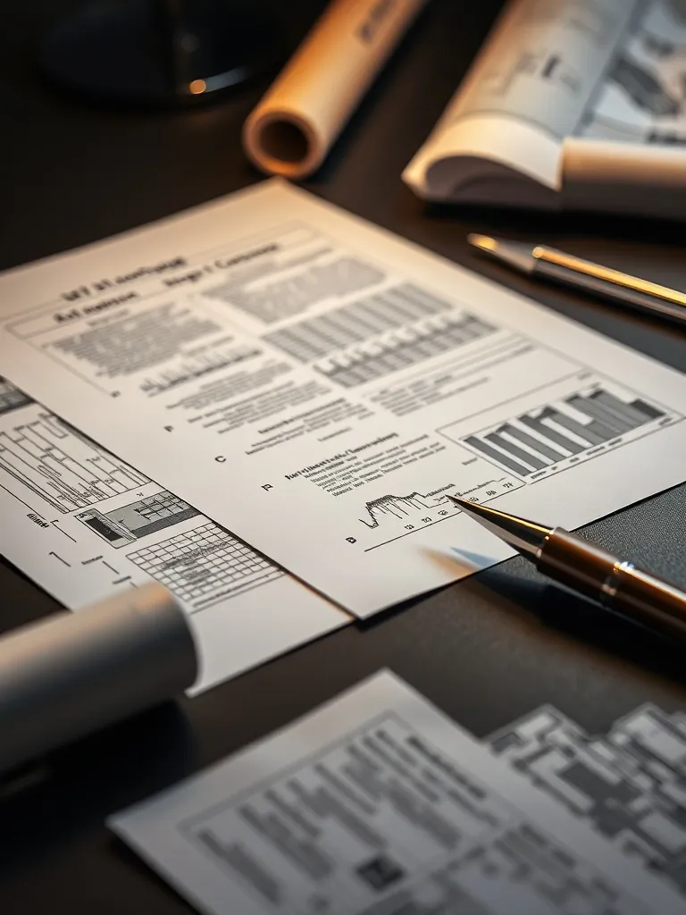 Close up of high-quality paper documents on a dark desk, arc