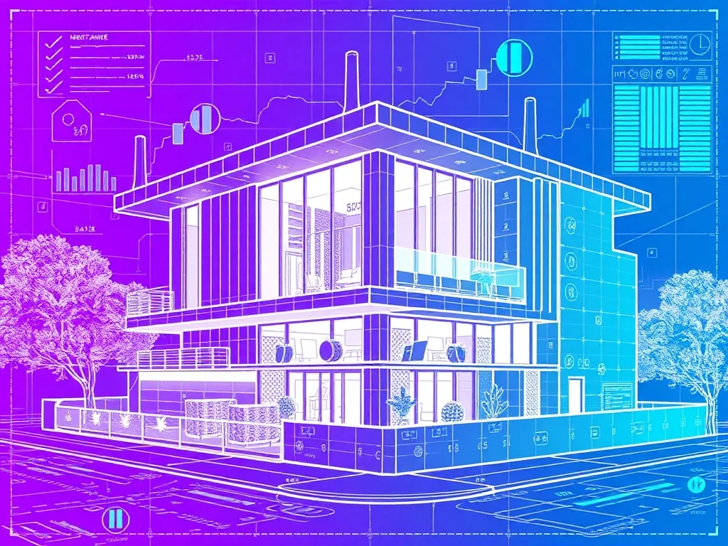 A technical architectural drawing of a modern residential bu